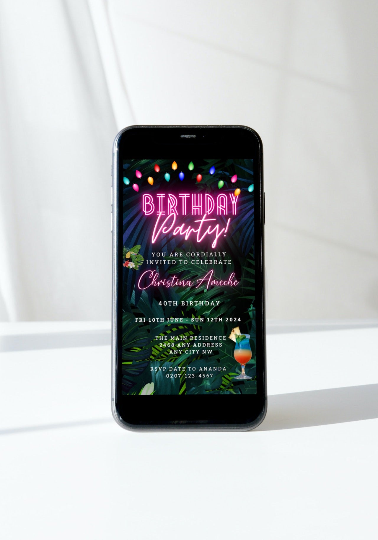 Cell phone displaying a customizable digital neon pink tropical birthday party invitation from URCordiallyInvited.