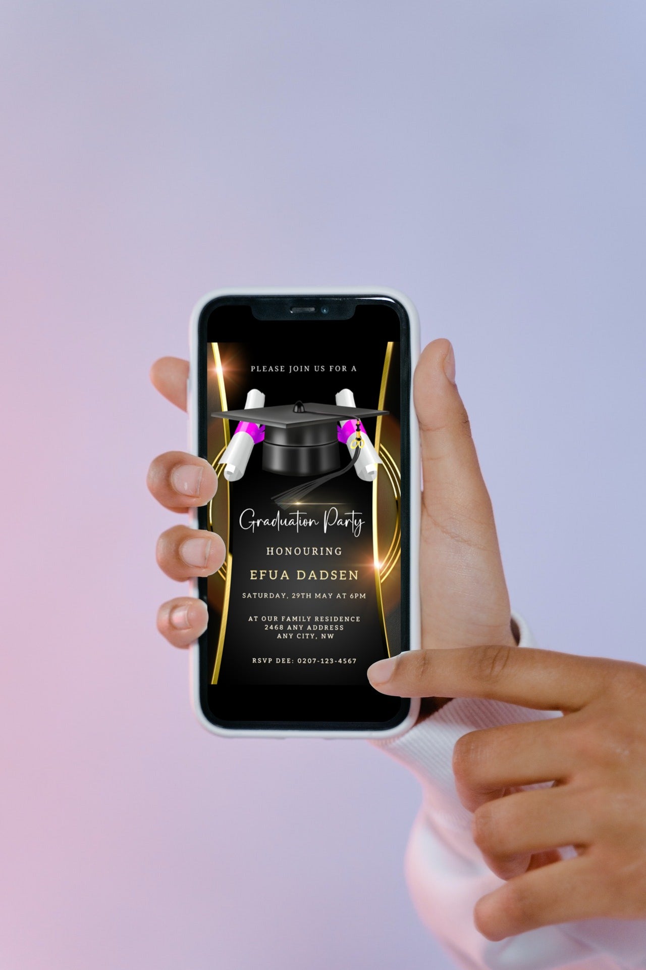 Hand holding a smartphone displaying a Customisable Black & Gold Graduation Party Invitation with a graduation cap and diplomas, ideal for digital sharing via Canva.