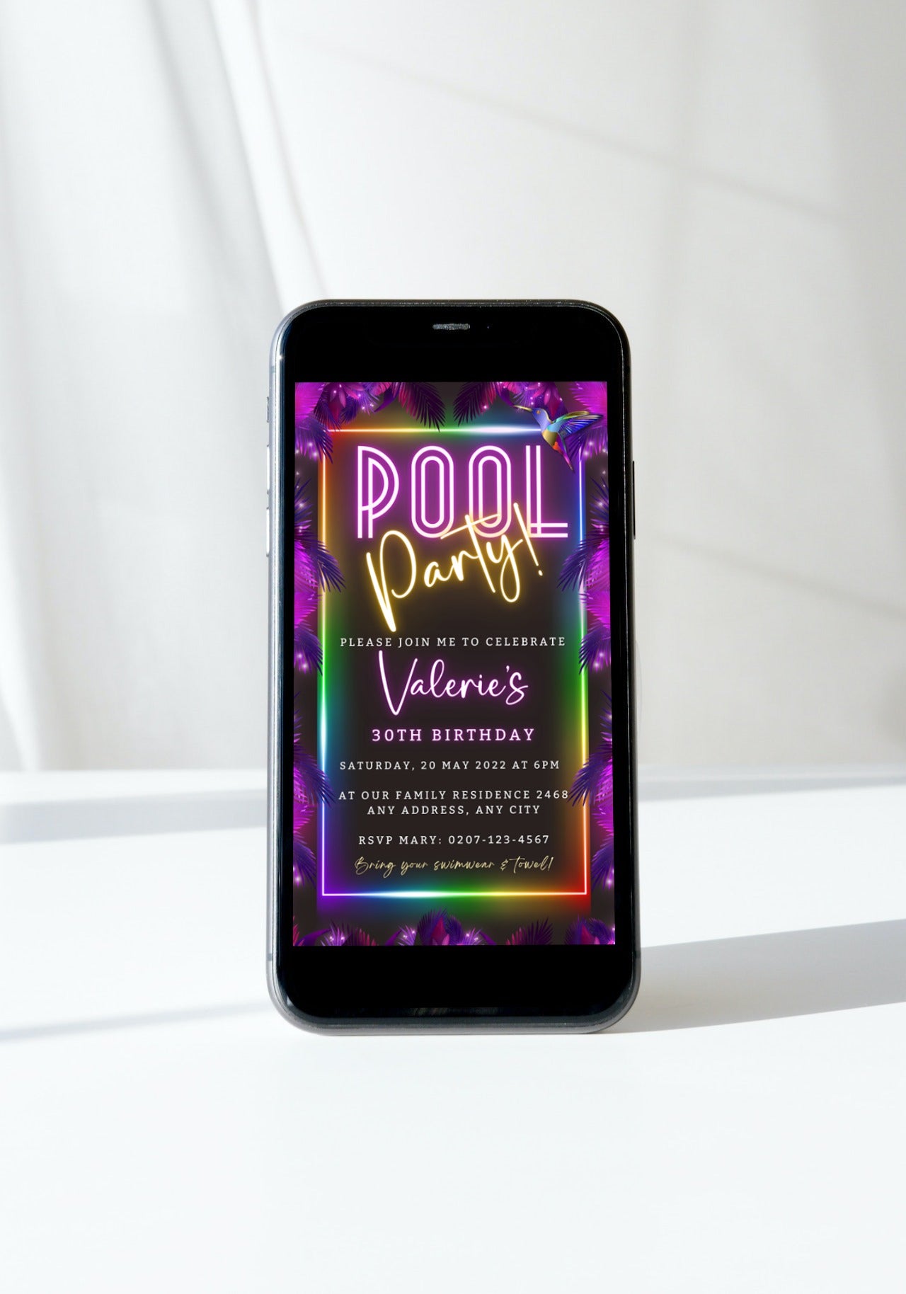 Tropical Neon Pool Party Digital Invite displayed on a smartphone screen, customizable via Canva for easy sharing through various digital platforms.