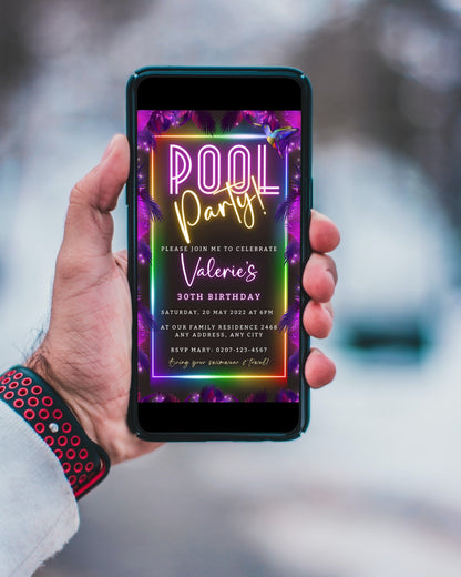 Hand holding a phone displaying a customizable Tropical Neon Pool Party digital invitation template for smartphones.