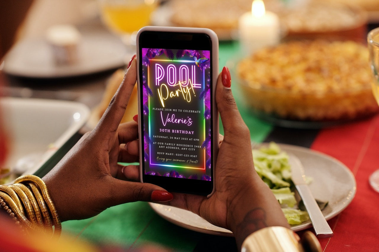 Person holding a phone displaying a Tropical Neon Pool Party digital invite, customizable via Canva for easy sharing through text, email, and social media.