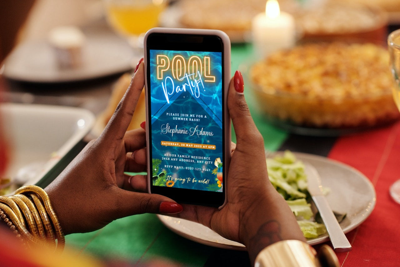 Person holding a smartphone displaying a customizable Blue Water Diamond Pool Party Video Invitation from URCordiallyInvited.