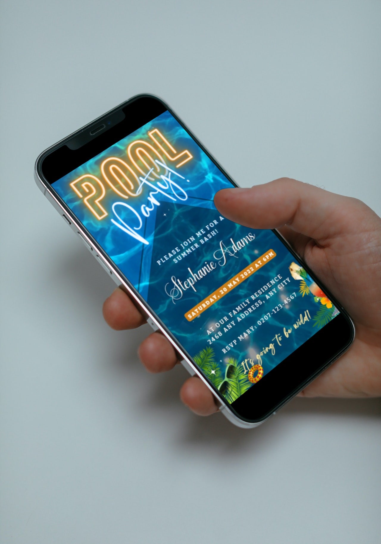 Hand holding a smartphone displaying a customizable Blue Water Diamond Pool Party Video Invitation template from URCordiallyInvited.