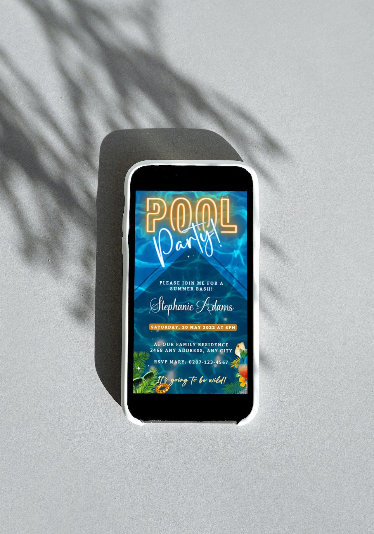 Blue Water Diamond | Pool Party Video Invitation on a smartphone screen, showcasing a customizable digital template for event details, editable via Canva.