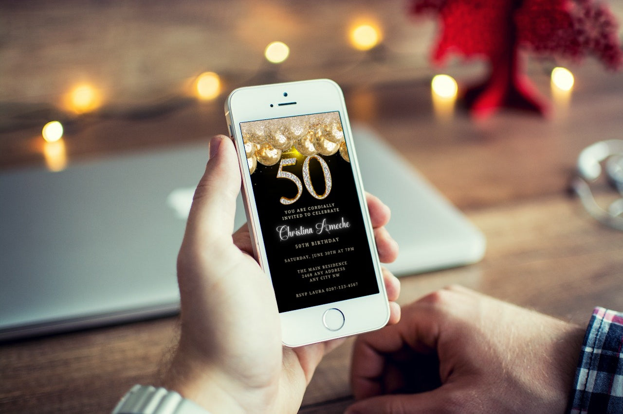 Person holding a smartphone displaying Black Gold Balloons Glitter | 50th Birthday Evite template, customizable via Canva for digital invitations.