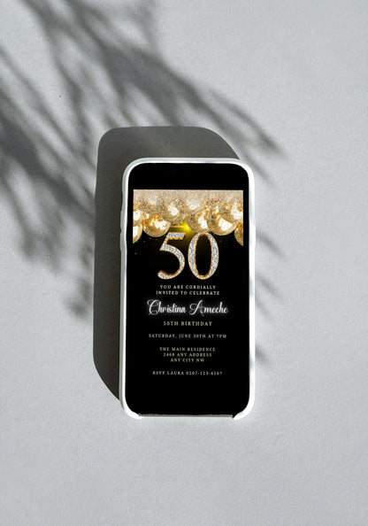 Customizable Digital Black Gold Balloons Glitter 50th Birthday Evite displayed on a smartphone. Features editable text and gold elements, perfect for digital invitations.