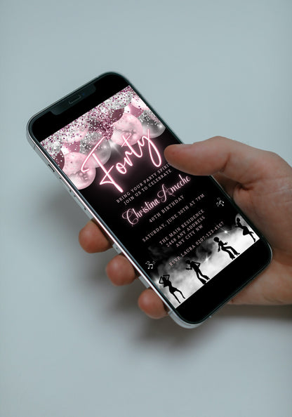 Hand holding a smartphone displaying a customizable Mauve Pink Silver Neon | 40AF Birthday Video Evite for easy personalization via Canva.