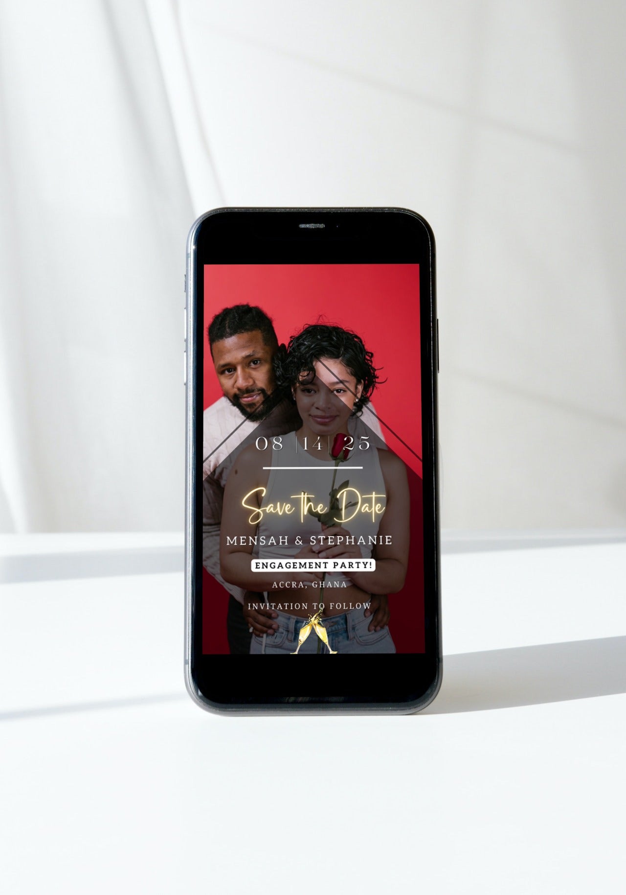 Digital Diamond Photo Engagement | Save The Date Evite displayed on a smartphone screen featuring a couple's photo, customizable via Canva for easy sharing.