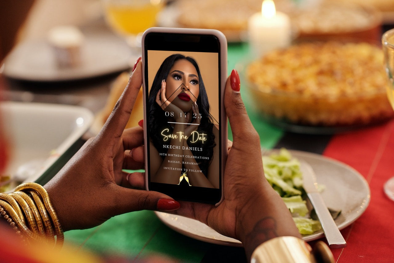 Person holding a phone displaying a customizable Birthday Photo Save The Date Evite, editable via Canva for easy digital sharing.