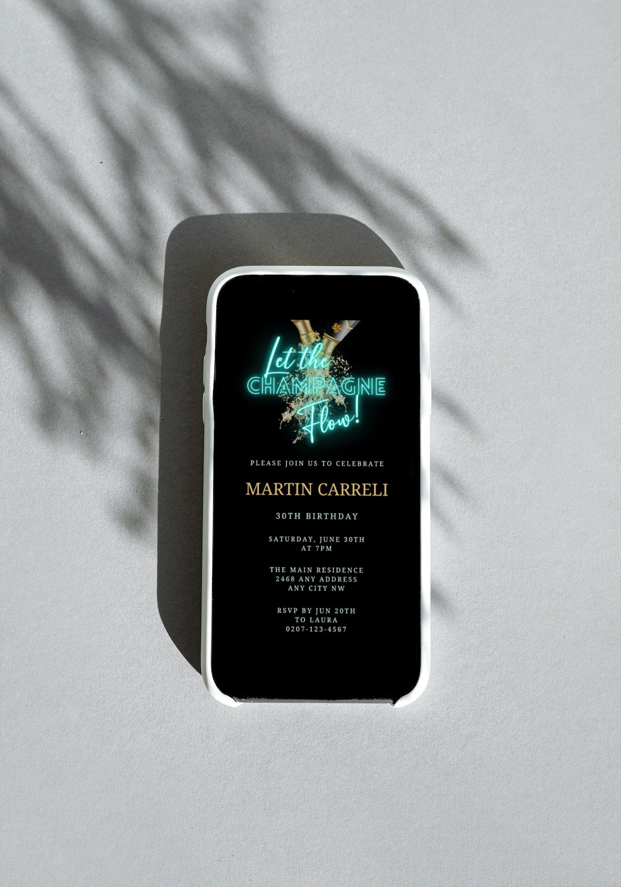 Product image showing a customizable Teal Black Champagne Birthday Party Evite template displayed on a smartphone screen, available for easy personalization through Canva.