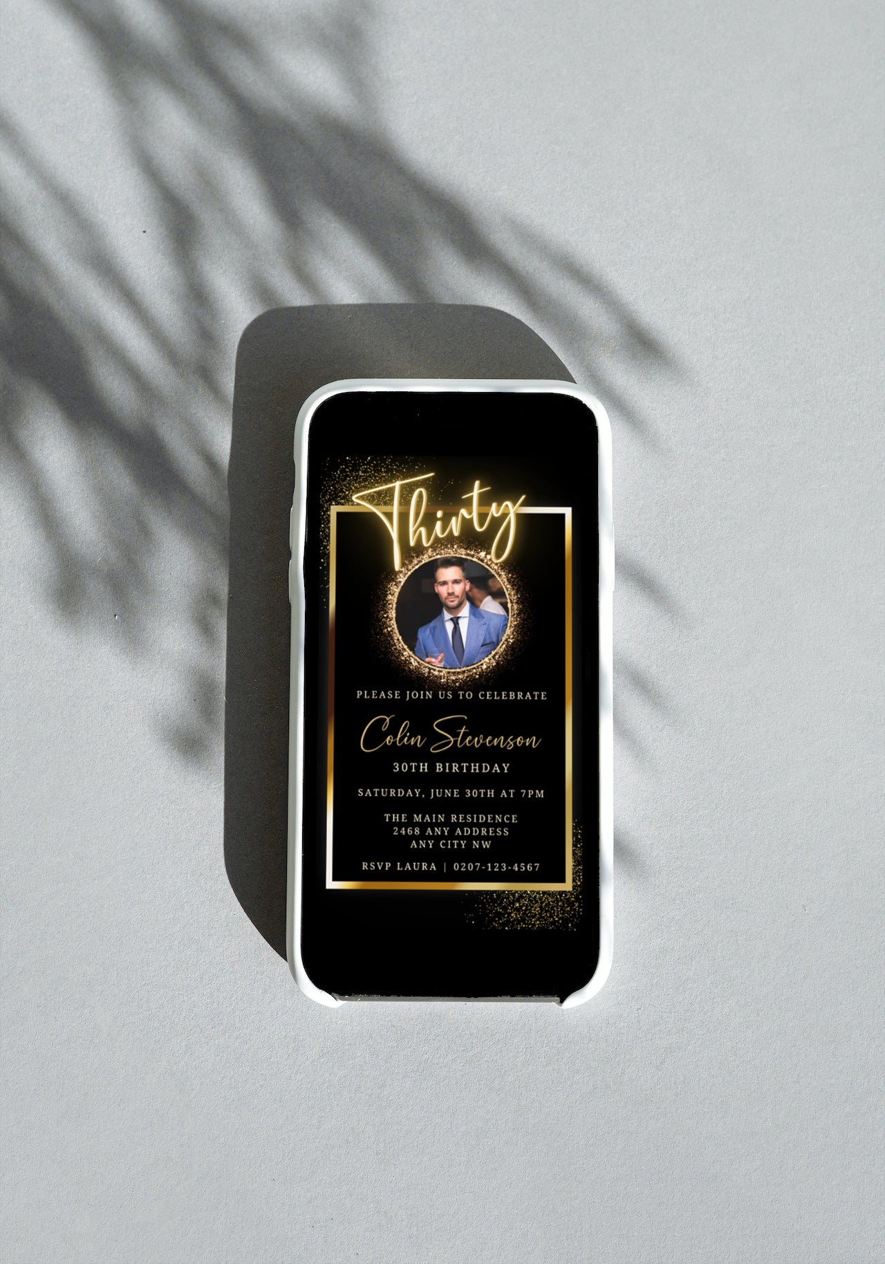 Customizable digital invitation template on a smartphone screen, featuring a man in a suit. Ideal for 30th party evites, editable in Canva.
