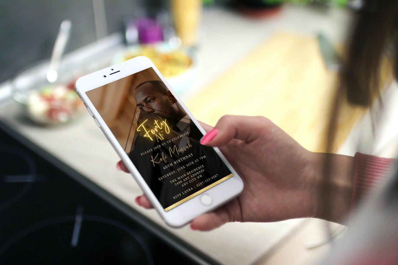 Hand holding a phone displaying a customizable Gold Neon With Photo Background | Forty AF Party Evite on the screen.