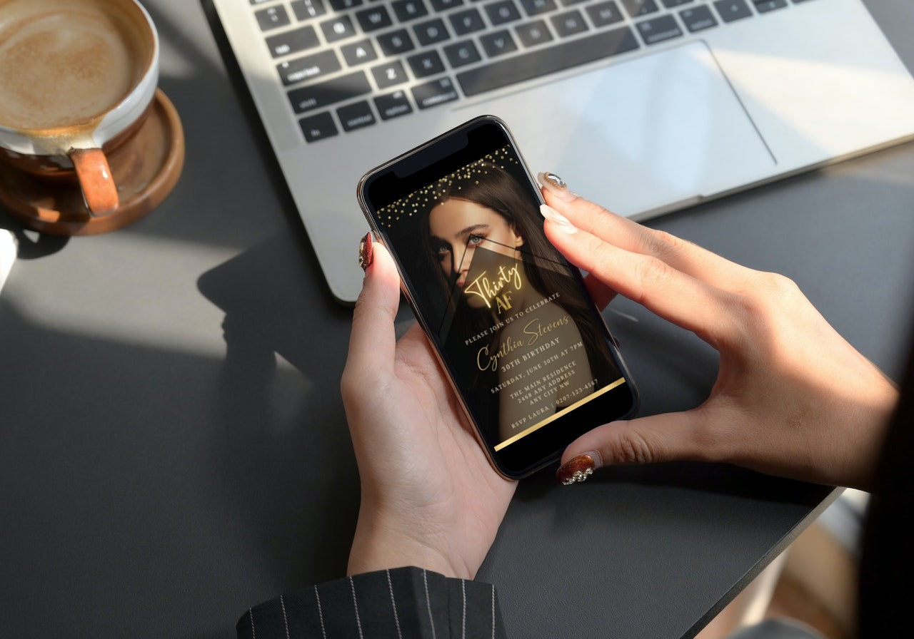 Person holding a smartphone displaying a customizable Digital Photo Background Gold | 30AF Birthday Evite template for editing and sending digitally via various messaging apps.