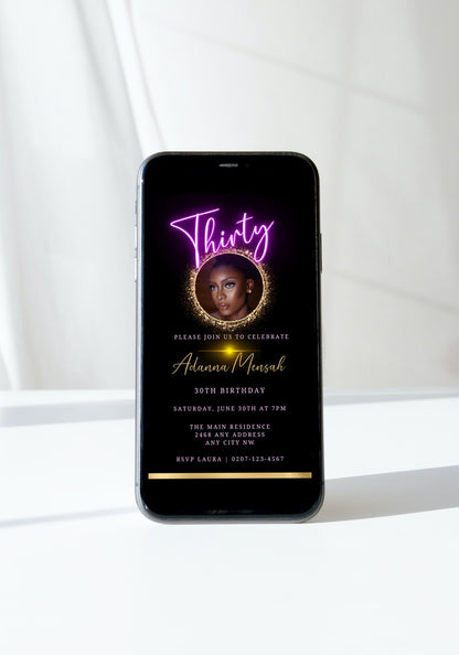 Customisable Digital Oval Gold Photo Frame Neon | 30th Birthday Evite displayed on a smartphone screen, featuring a woman's photo and purple text.