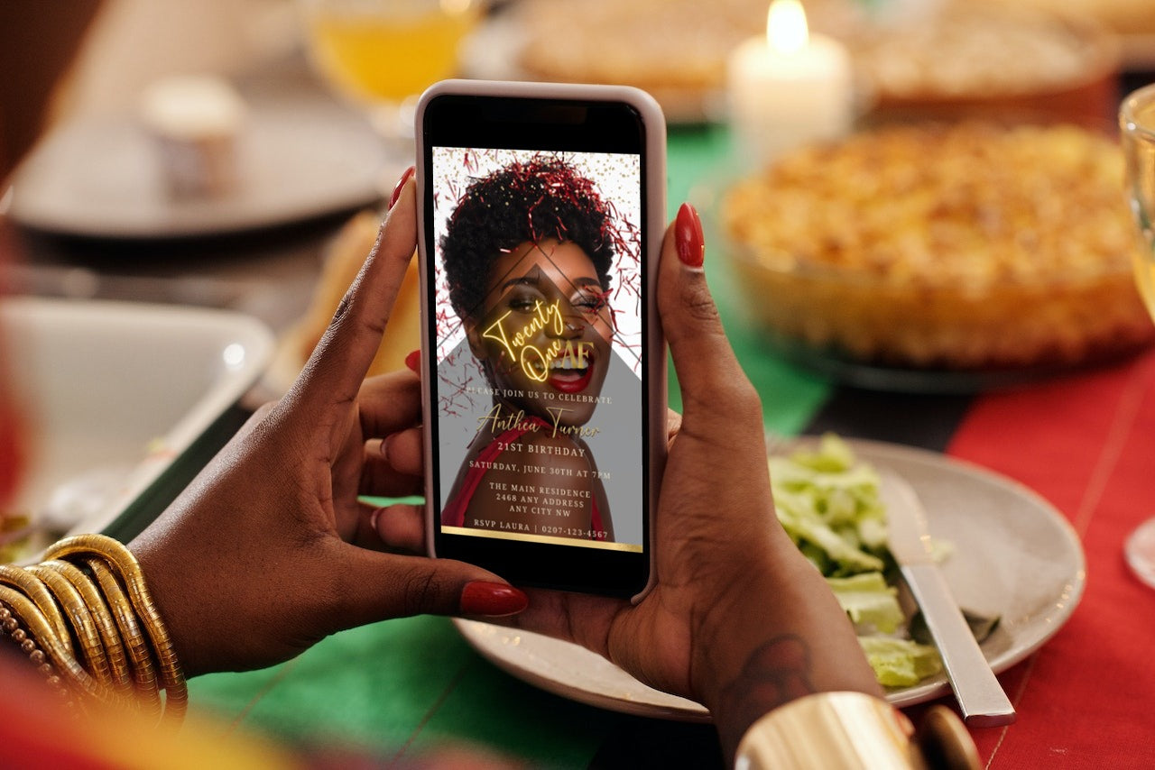 Person photographing a woman holding a 21AF Birthday Evite invitation template, customizable via Canva for digital sharing on smartphones.