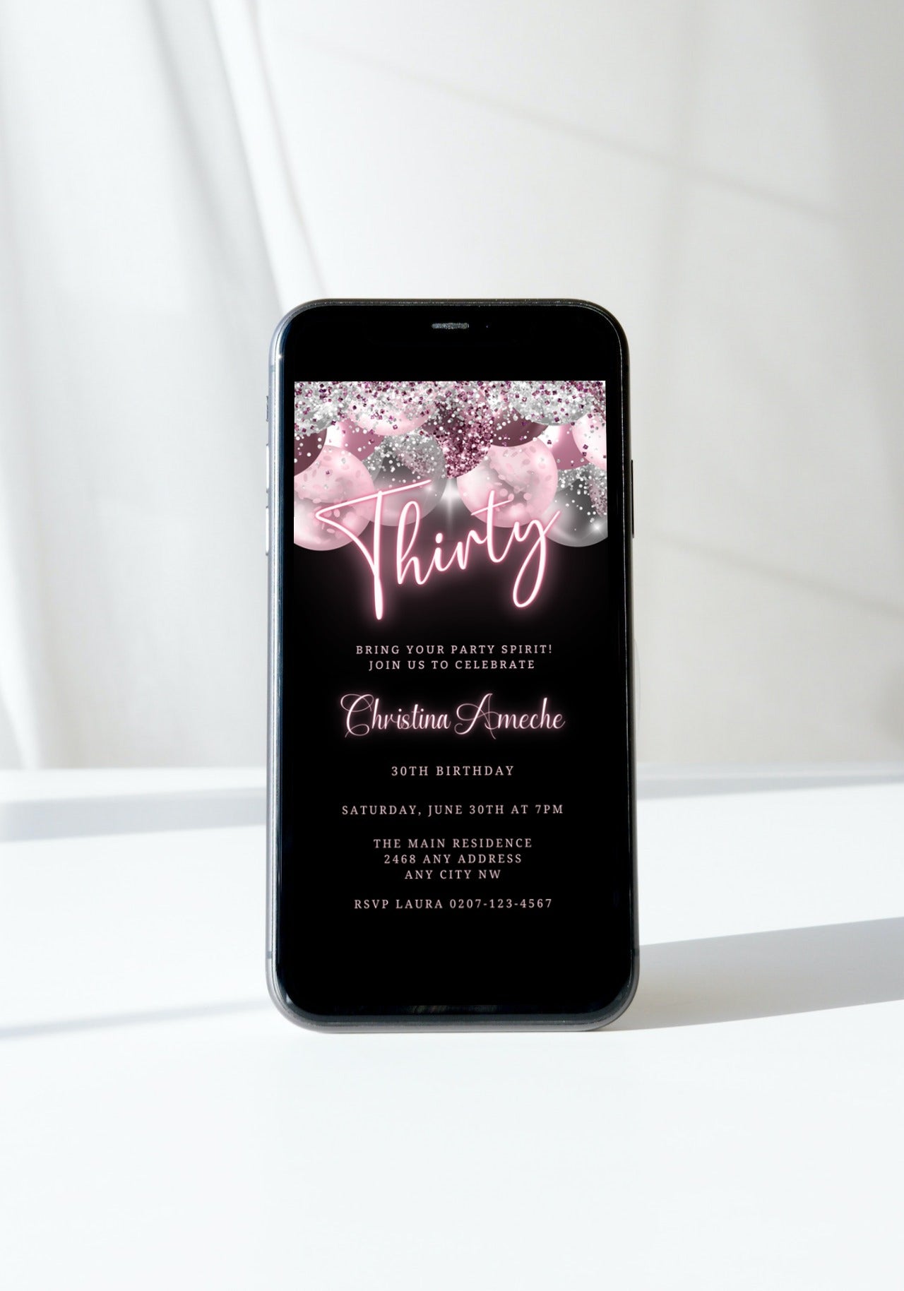 Customizable Digital Mauve Pink Silver Neon 30AF Birthday Evite displayed on a smartphone, showcasing editable text and design elements for personalizing invitations.