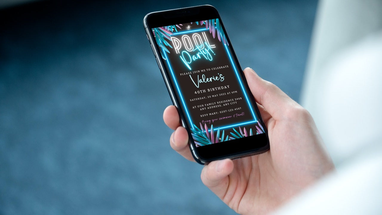 A hand holding a smartphone displaying a customizable BBQ Swim Pool Party digital invite template.