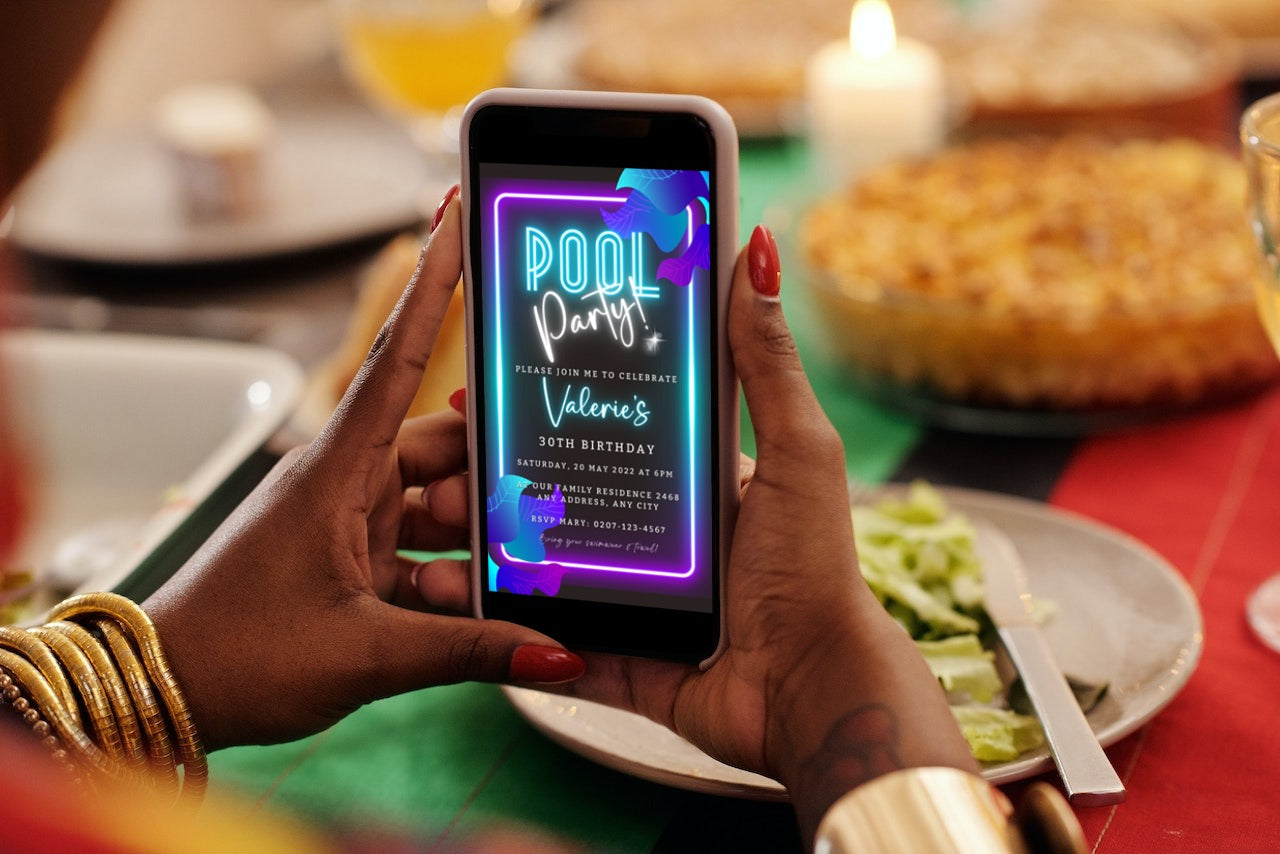 Person holding a phone with a customizable Neon Pool Party Digital Invite displayed, showcasing the editable invitation template for events.