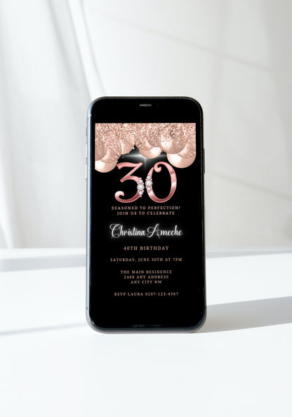 30th Birthday Evite template with rose gold balloons and diamond studs displayed on a smartphone screen, customizable via Canva.