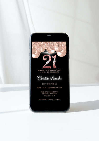 Cell phone displaying a customizable Rose Gold Balloons Diamond Studs 21st Birthday Evite template with editable text and design, available for download and sharing via mobile devices.