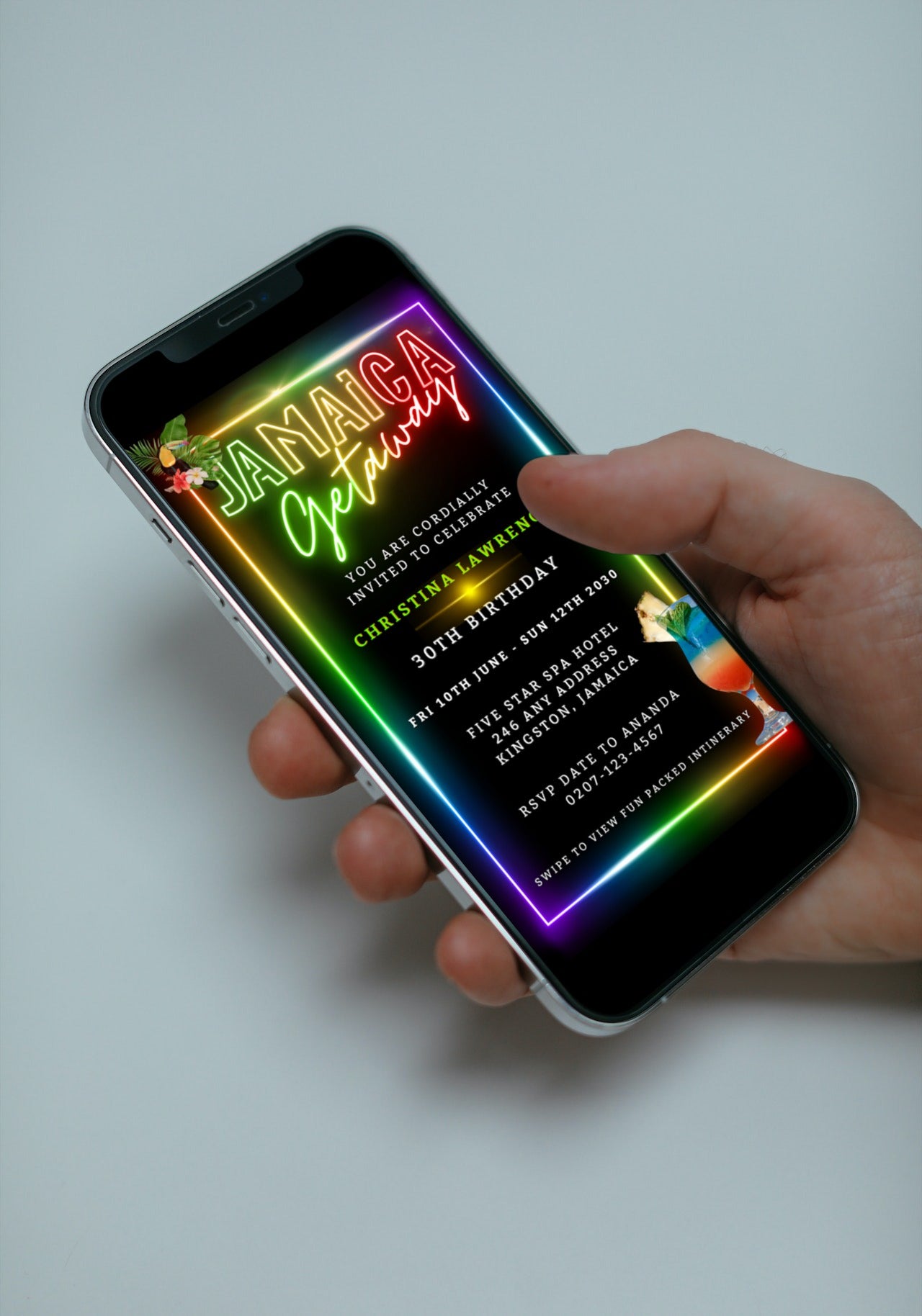 Hand holding a smartphone displaying a customizable Jamaica Colourful Neon Getaway Party Evite template, ready for personalization using the Canva design app.