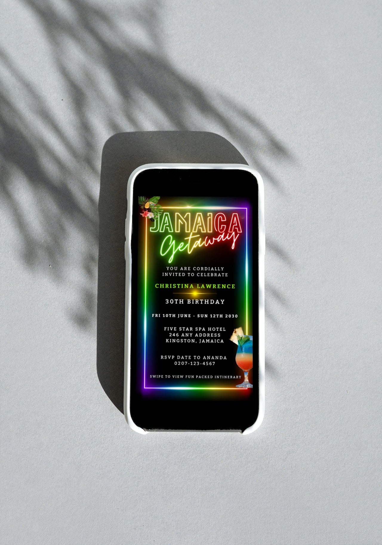 Jamaica Colourful Neon Getaway Party Evite displayed on a smartphone with a vibrant, customizable template for digital invitations.