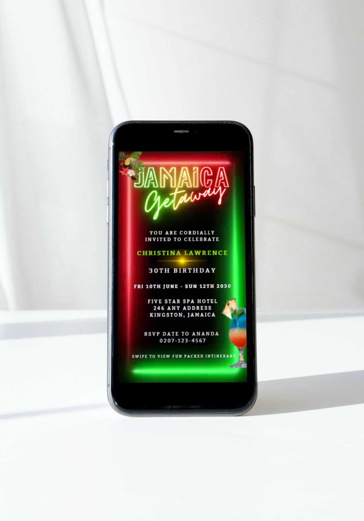 Cell phone displaying customizable Jamaica Girl's Getaway Party Video Invitation template for editing and sharing via mobile apps.