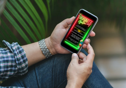 Person holding a smartphone displaying a customizable Jamaica Girl's Getaway Party Video Invitation template for instant download and personalization via Canva.