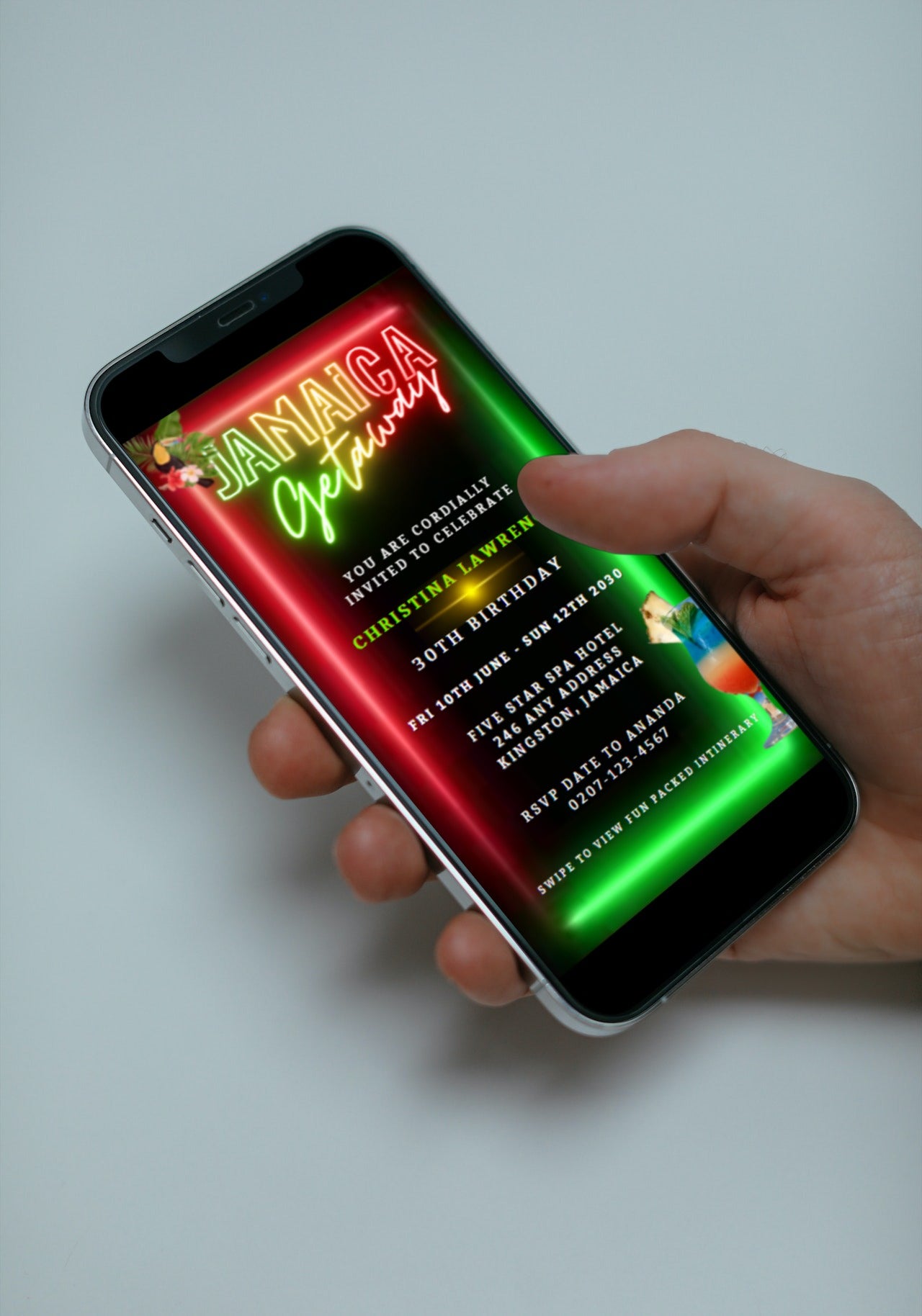 A hand holding a phone displaying the customisable Jamaica Girl's Getaway | Party Video Invitation template.