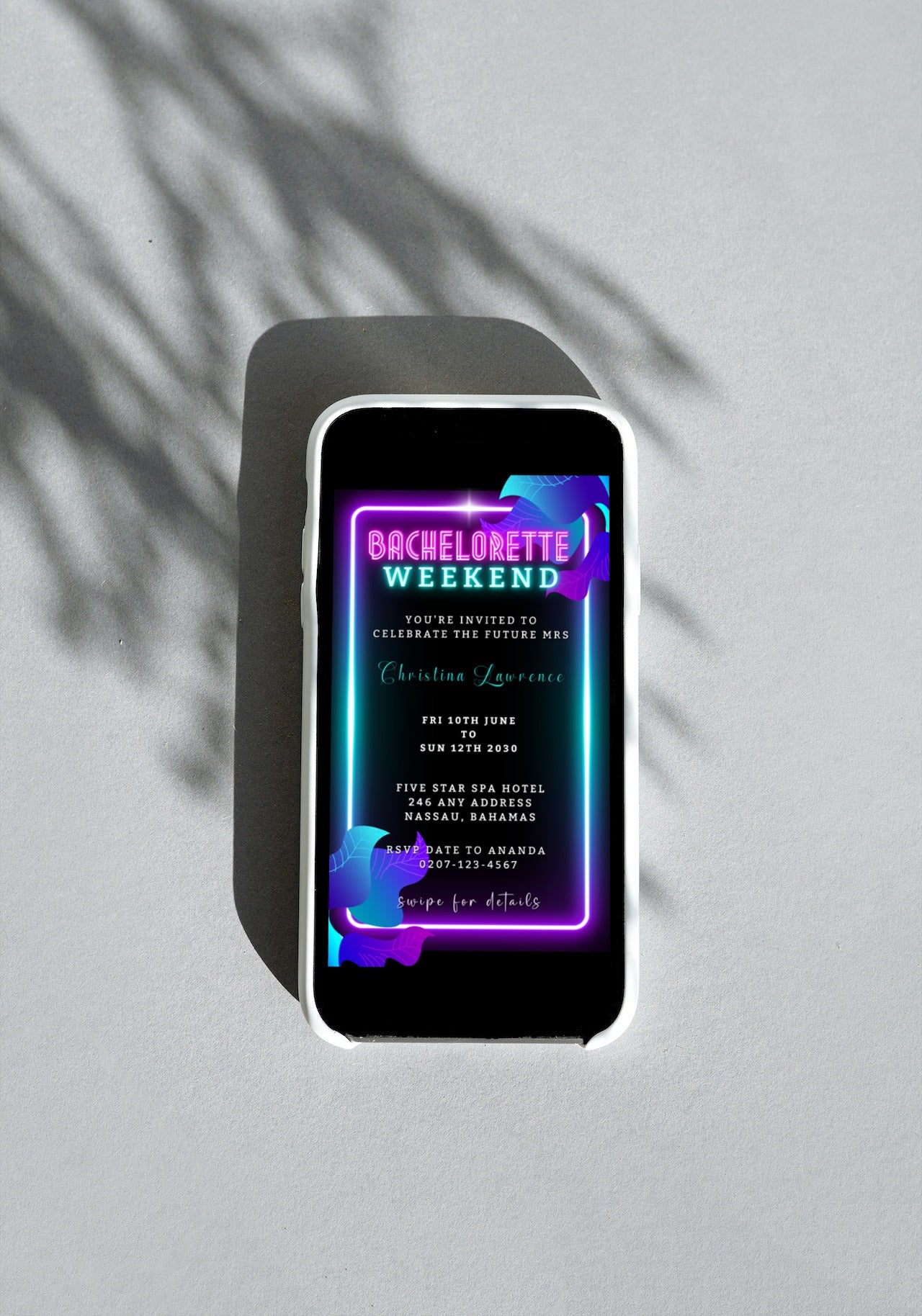 Smartphone displaying a customizable digital neon pink aqua black Bachelorette Weekend evite template, ready for personalization and electronic sharing via Text, Email, and WhatsApp.