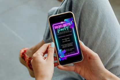 Person holding a phone displaying a customizable digital neon pink aqua black bachelorette getaway party evite from URCordiallyInvited.