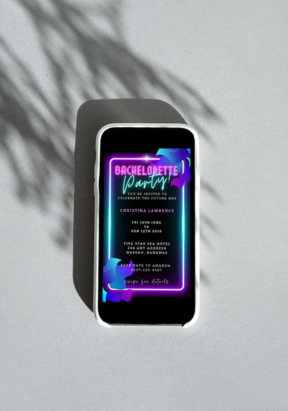 Customizable Neon Pink Aqua Black Bachelorette Getaway Party Evite displayed on a smartphone screen, with editable text and elements for personalizing event invitations via Canva.