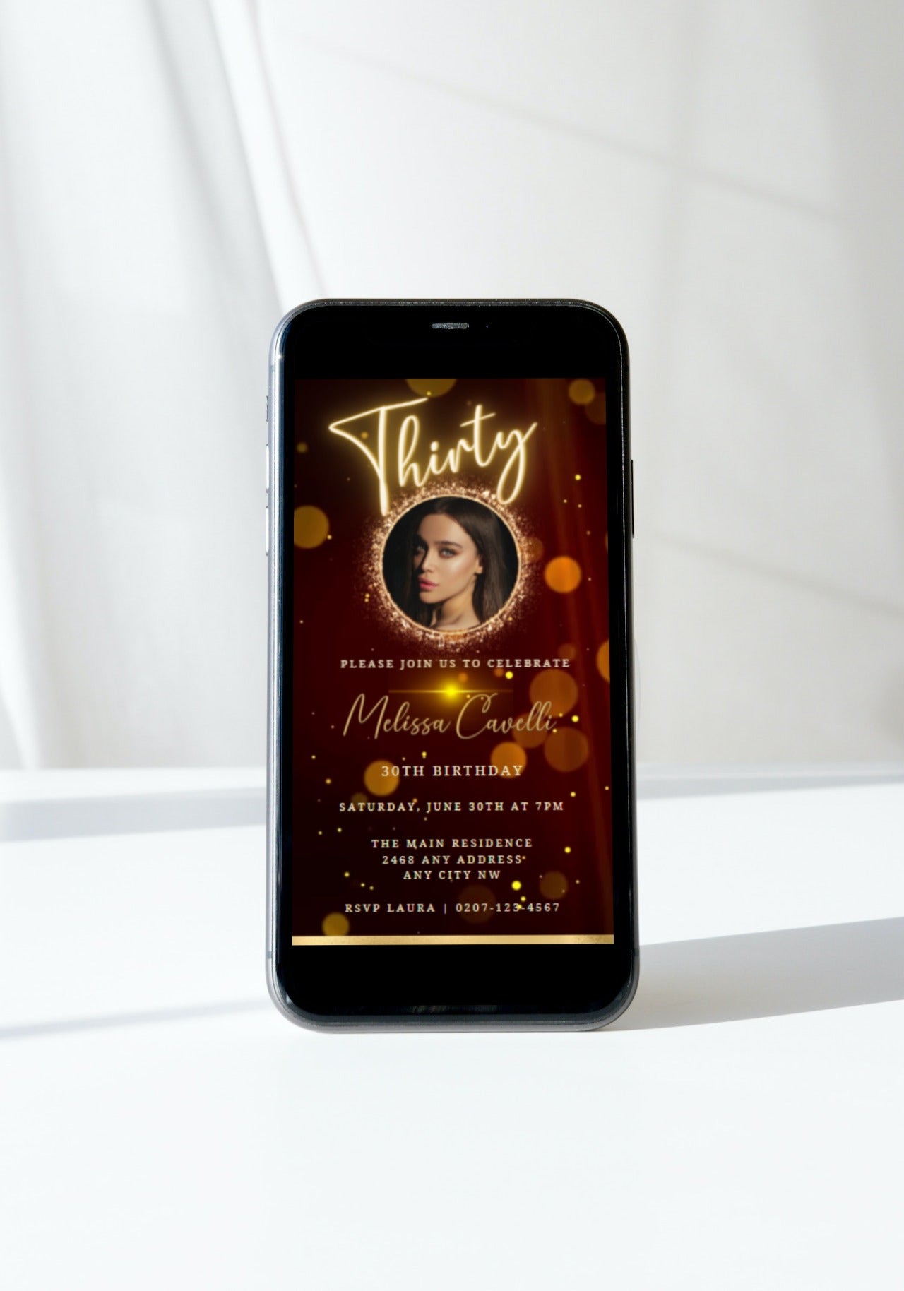 A cell phone screen displaying a customizable 30th Birthday Video Invite template from URCordiallyInvited, featuring a woman's photo.