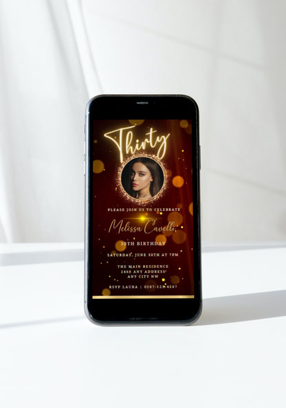 A cell phone screen displaying a customizable 30th Birthday Video Invite template from URCordiallyInvited, featuring a woman's photo.