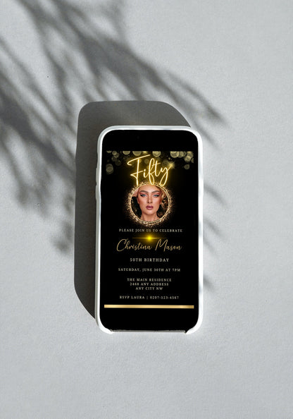 Digital invitation template for a 50th birthday featuring a customizable gold neon oval photo frame with a woman's picture on a smartphone.