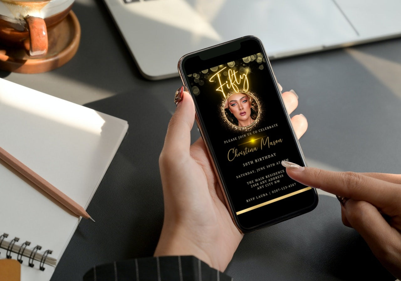 Person holding a phone displaying a customizable Digital Gold Neon W/Oval Photo Frame for a 50th Birthday Evite, ready for personalization and electronic sharing via smartphone.