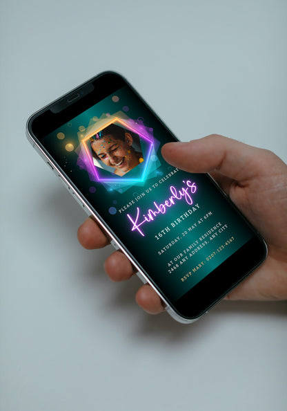 A hand holding a smartphone displaying a customizable Neon Green Pink Birthday Party Evite with a photo of a person's face.