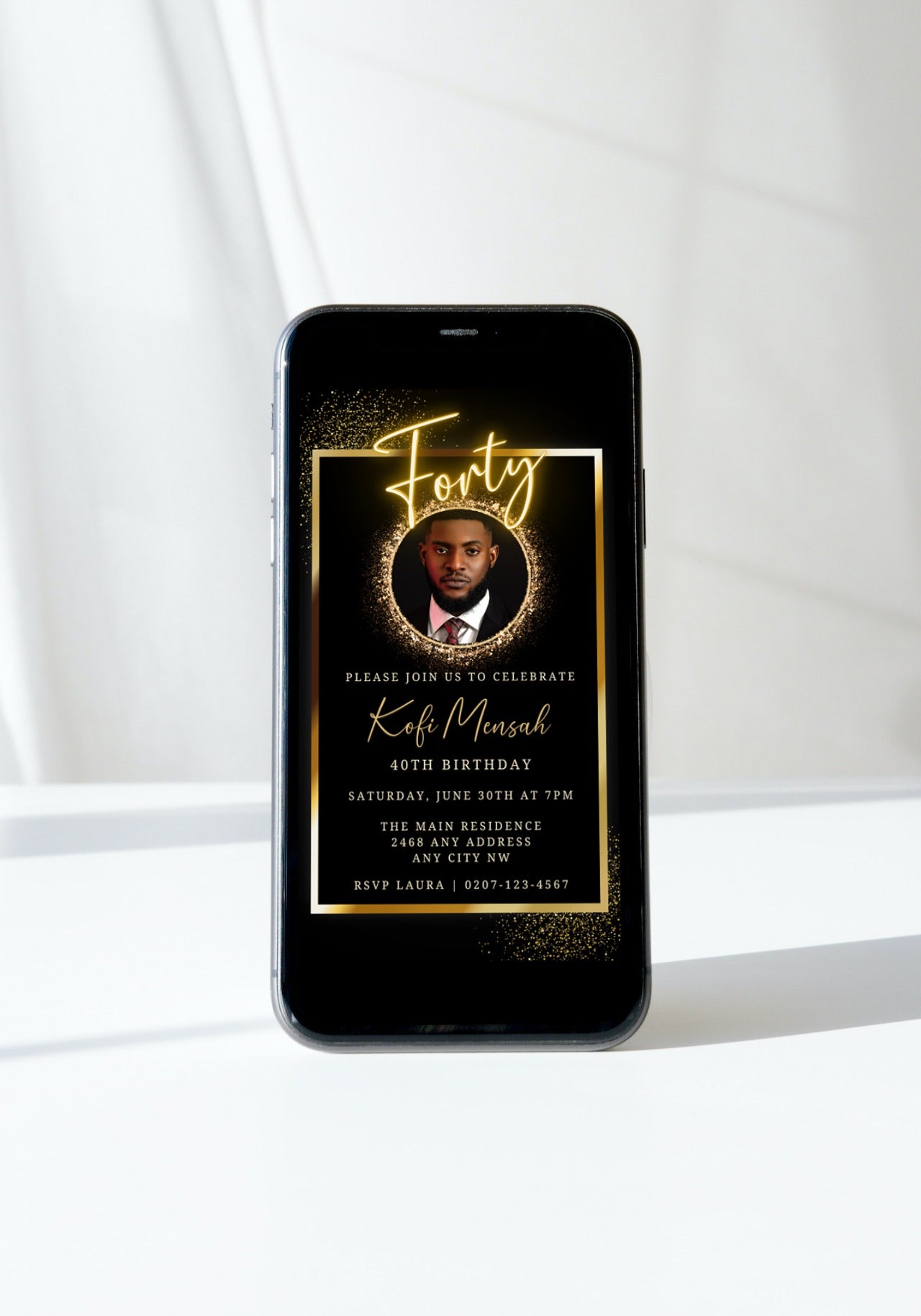 Cell phone displaying a customizable Digital Neon Gold Oval Photo Frame for a 40th Birthday Evite, featuring a man in a suit and tie.