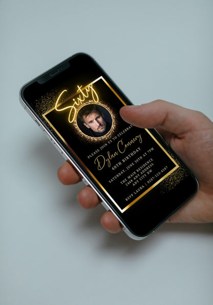 Hand holding a phone displaying a customizable Neon Gold Oval Photo Frame for a 60th Birthday Evite from URCordiallyInvited.