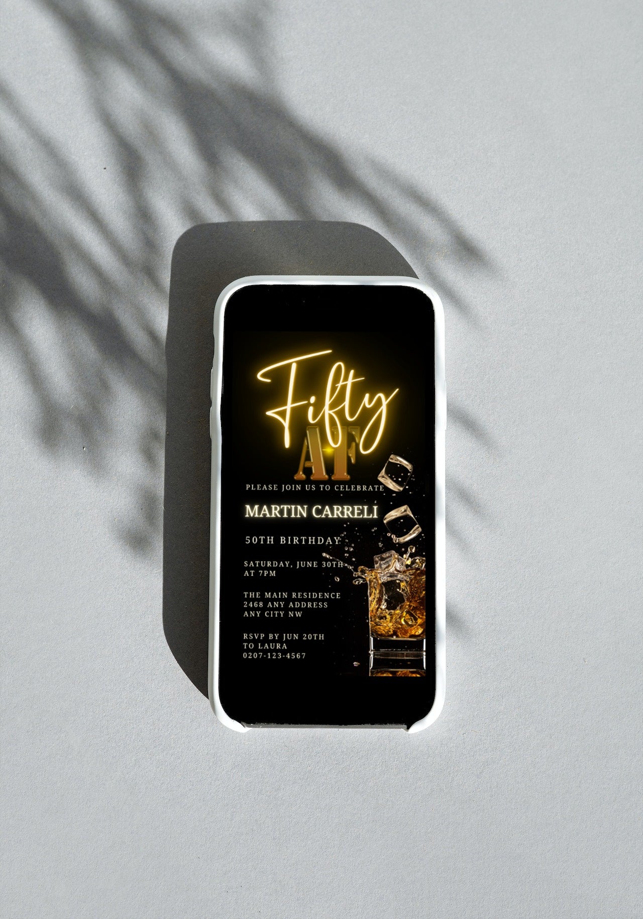 Customizable Digital Black Gold Neon Cube Splash | 50AF Birthday Evite displayed on a smartphone, featuring black and gold neon text, ideal for digital invitations.