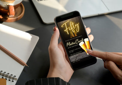 Person holding a phone displaying a customizable Black Gold Neon Beer | 50AF Birthday Evite on the screen.