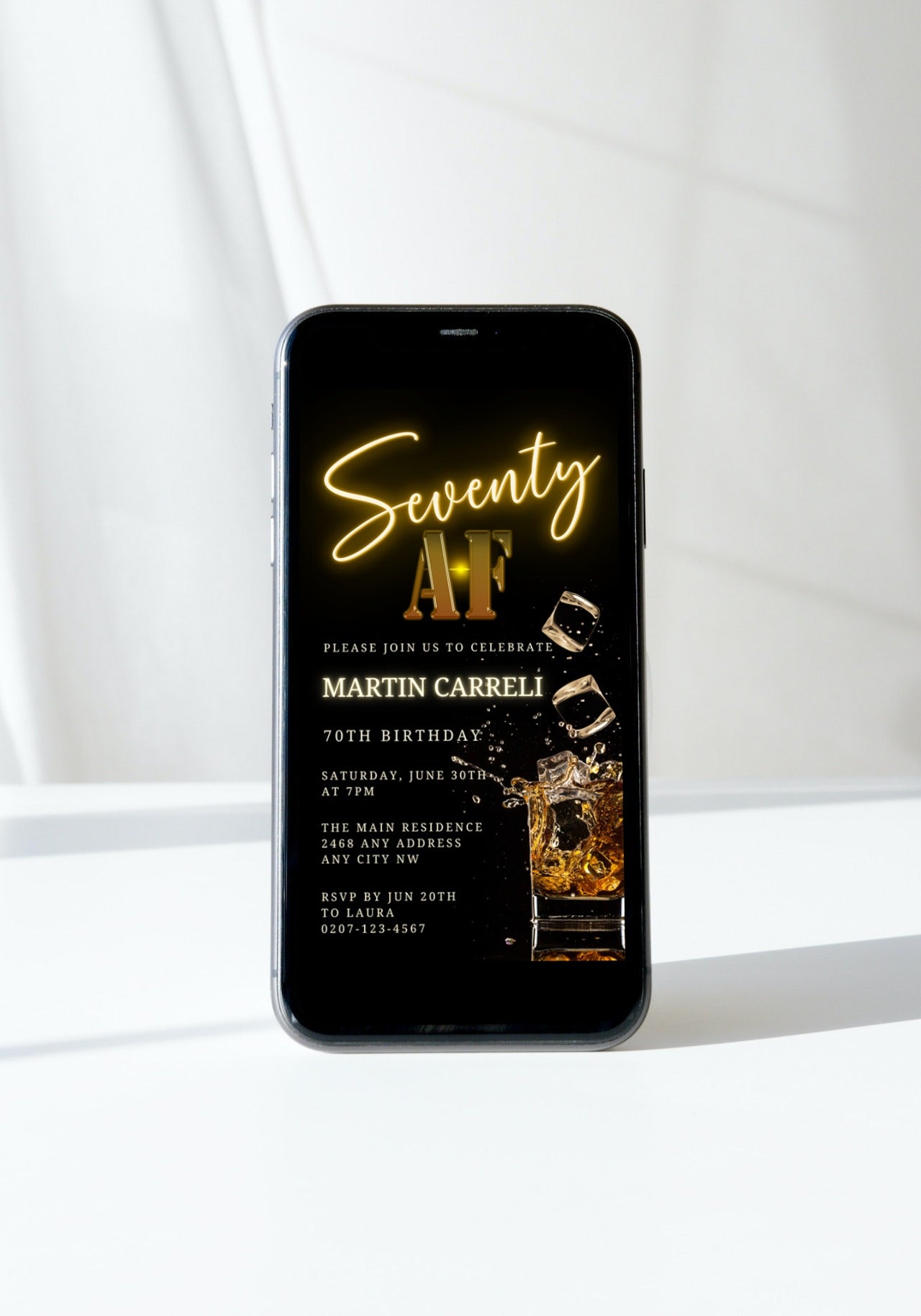 Black Gold Neon Cube Splash | 70AF Birthday Evite displayed on a smartphone screen, showcasing customizable digital invitation template with text and liquid splash design.