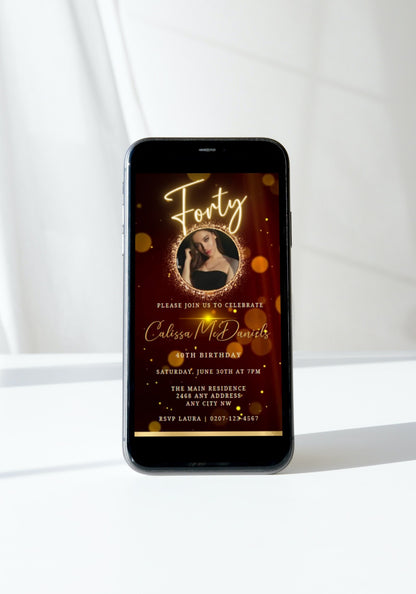 Maroon Gold Neon | 40th Birthday Video Invitation displayed on a smartphone screen with a woman's photo. Customizable, downloadable, and editable with Canva for electronic sharing.