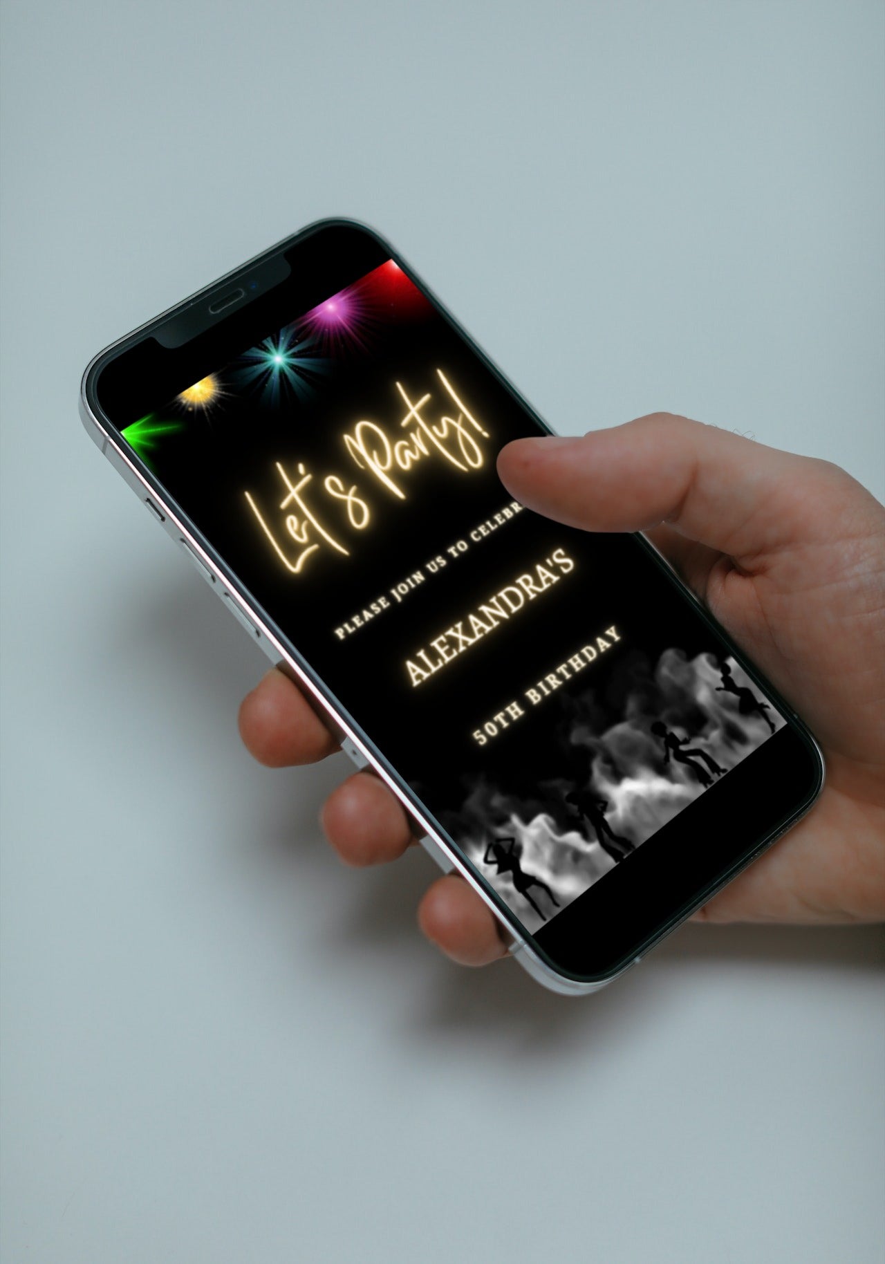 Hand holding a smartphone displaying a Customisable Digital Colourful Smoking Disco Birthday Party Video Invitation template.