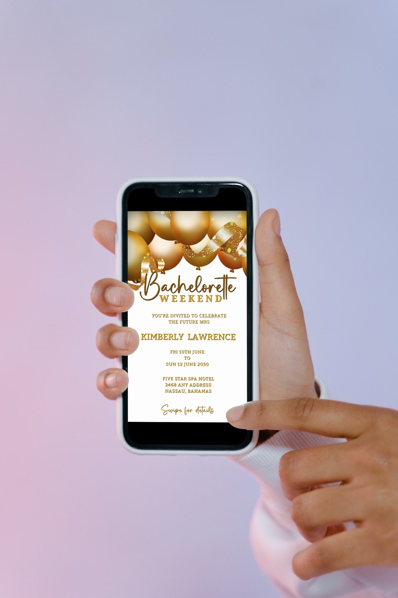 Hand holding a smartphone displaying a customizable digital invitation template titled Gold Floating Balloons White | Bachelorette Weekend Evite.