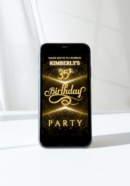 Black Gold Glitter Birthday Video Invitation displayed on a smartphone screen, showcasing customizable text and design elements for any age.