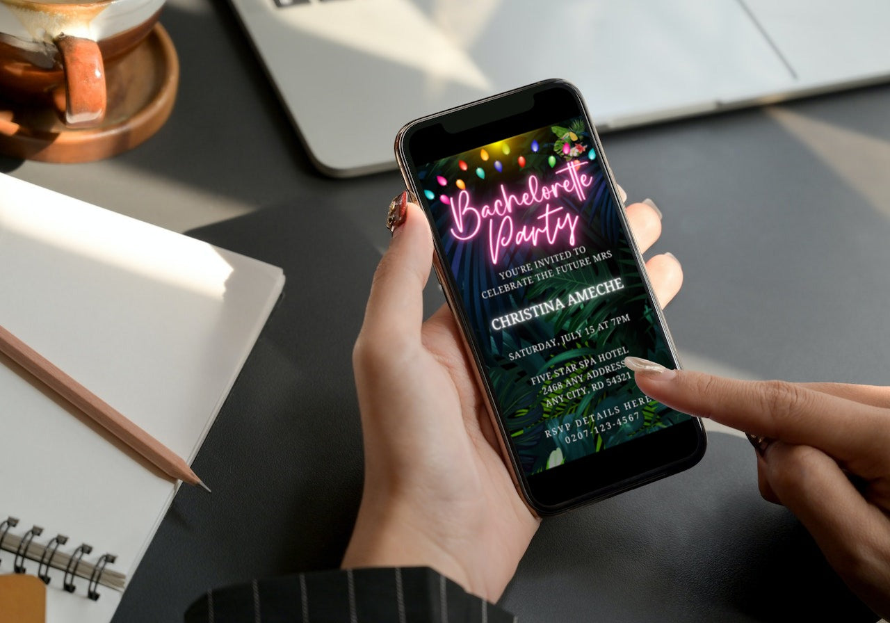 Person holding a phone displaying a customizable digital tropical neon pink bachelorette party evite template from URCordiallyInvited.