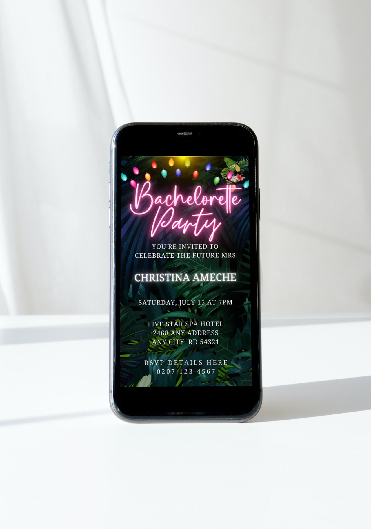 Customisable Tropical Neon Pink Bachelorette Party Evite displayed on smartphone screen with editable text.