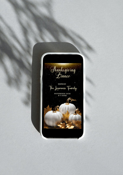 Cell phone displaying a Gold Glitter Neon White Pumpkins Thanksgiving Dinner Video Invite with customizable text and design elements.