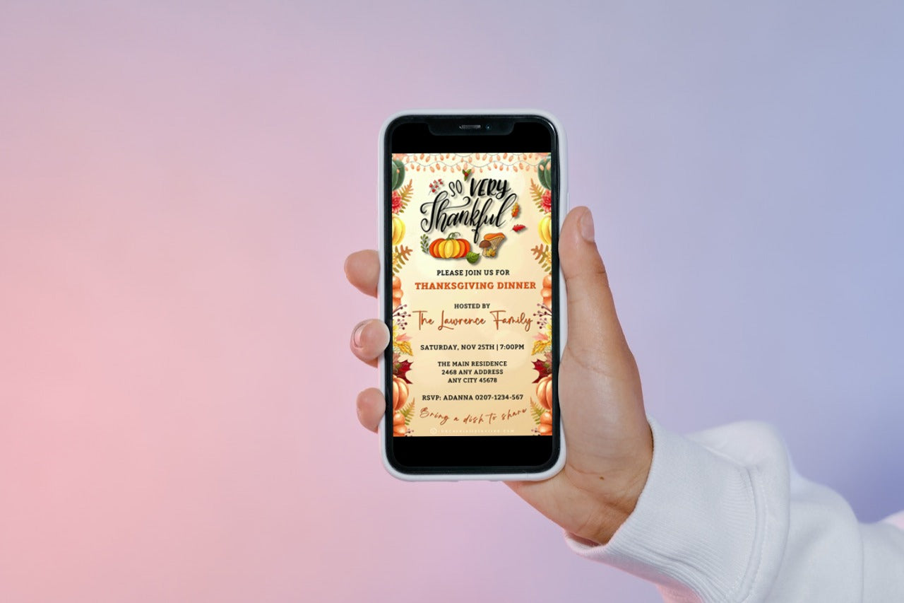 Hand holding a smartphone displaying the Beige Gold Fruitful Sparkle | Thanksgiving Dinner Video Invite template, ready for customization using Canva.